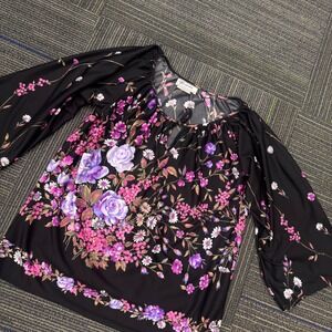 Teddi of California Floral Blouse‎ Womens 16 Black Purple Vintage Excellent Boho